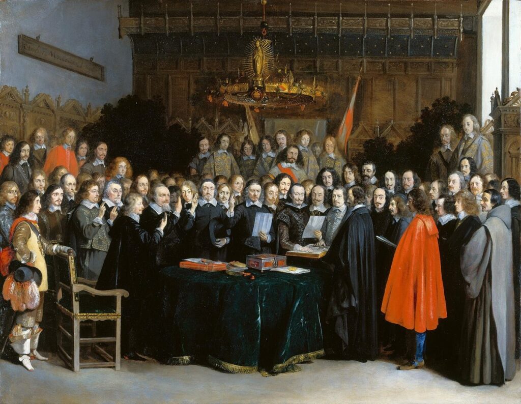 Gerard ter Borch painting of envoys swearing the oath to ratify the Peace of Münster in 1648, part of the Peace of Westphalia