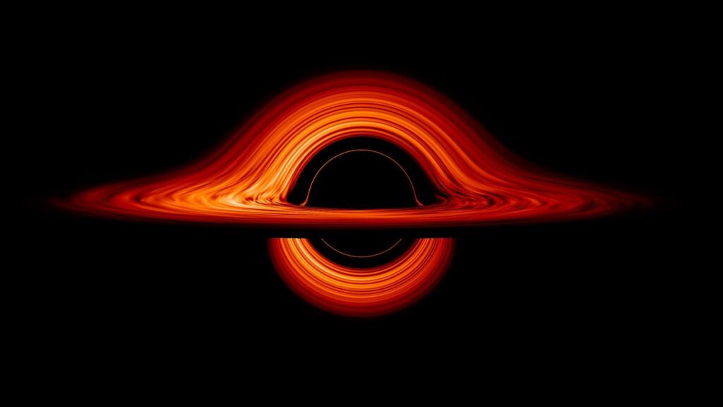 NASA visualization of a black hole, its glowing accretion disk warped by gravity around the dark event horizon