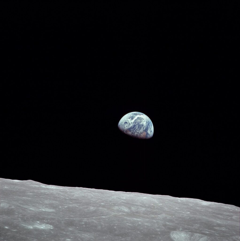 Earthrise: the Earth rising over the Moon's horizon, photographed from Apollo 8 in 1968