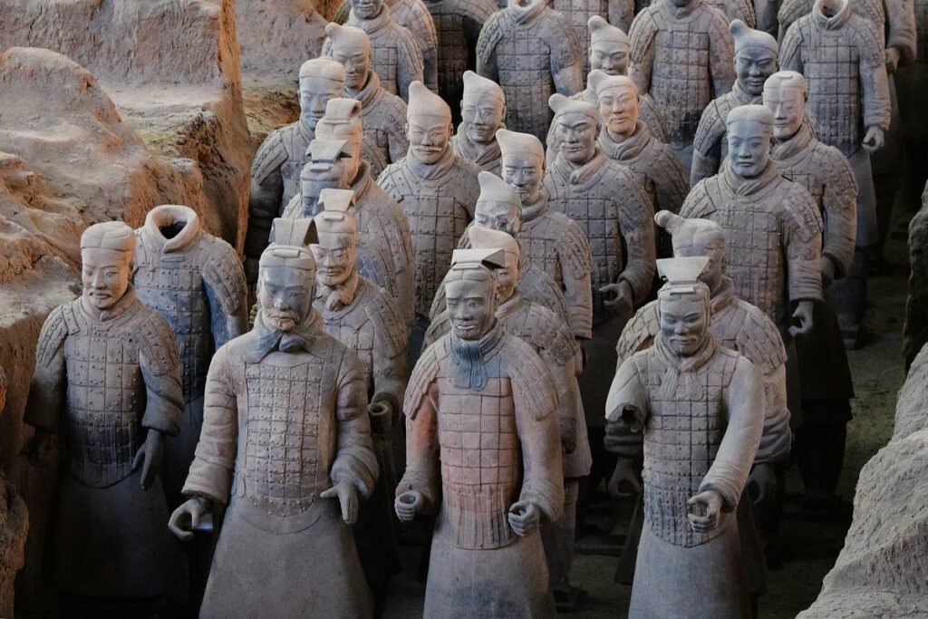 Ranks of terracotta warriors in the excavation pit at Xi’an, China