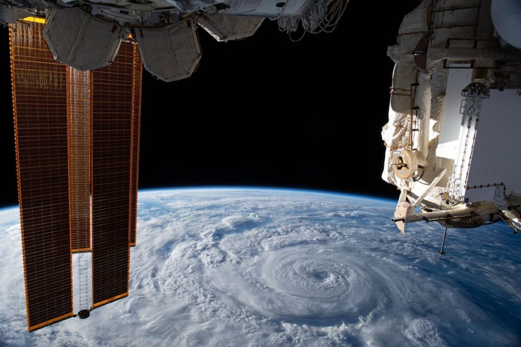 Hurricane Genevieve swirling over the Pacific, photographed from the International Space Station