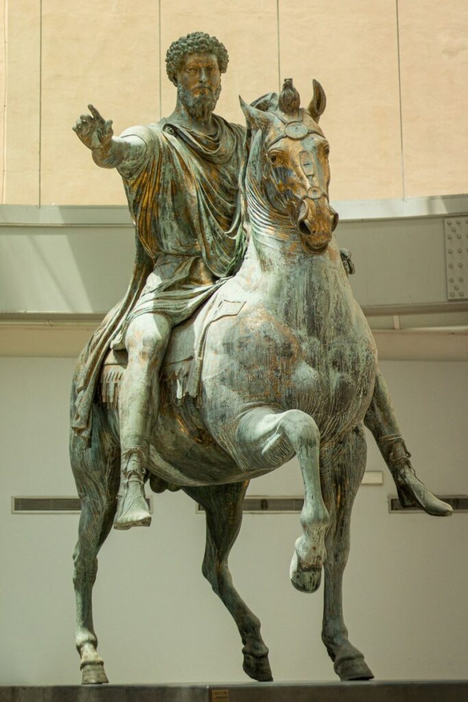 The ancient bronze equestrian statue of Marcus Aurelius in the Capitoline Museums, Rome